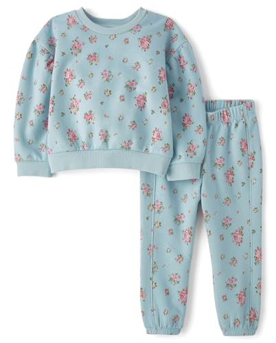 The Children's Place,Baby Girls,and Toddler Long Sleeve Active Shirt and Pant, 2 Piece Outfit,Dusky Blue Floral,4 Years,