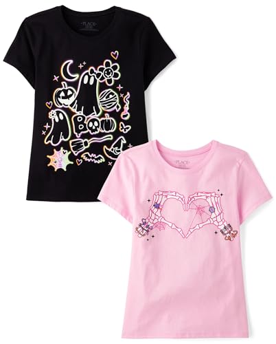 The Children's Place,Female,All Holidays Short Sleeve Graphic T-Shirts,multipacks,Skeleton Heart/Halloween Icons 2-Pack,Medium