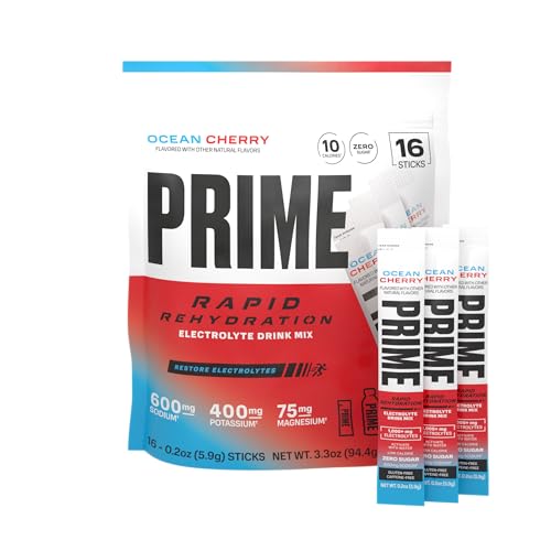 Prime Rapid Rehydration Electrolyte Powder Sticks, Ocean Cherry, Sugar Free Hydration Drink Mix with Sodium, Potassium & B Vitamins, Caffeine Free, 16 Count