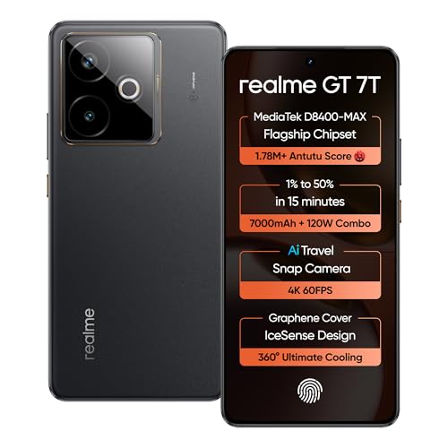 realme GT 7T (IceSense Black,8GB+256GB) | MediaTek D8400 MAX | Strongest Battery Combo 7000mAh + 120W | AI 4K 60FPS Travel Camera | 360° Cooling