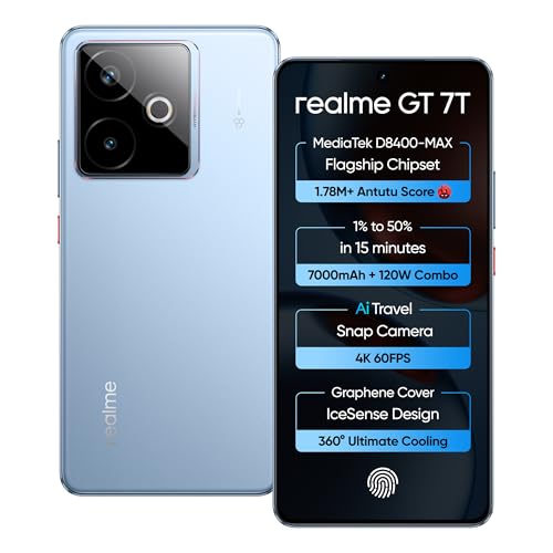 realme GT 7T (IceSense Blue,8GB+256GB) | MediaTek D8400 MAX | Strongest Battery Combo 7000mAh + 120W | AI 4K 60FPS Travel Camera | 360° Cooling IceSen