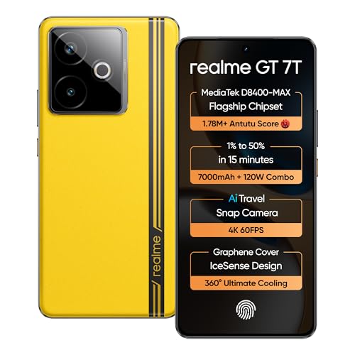 realme GT 7T (Racing Yellow,8GB+256GB) | MediaTek D8400 MAX | Strongest Battery Combo 7000mAh + 120W | AI 4K 60FPS Travel Camera | 360° Cooling IceSen