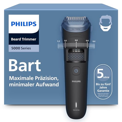 (-16%) Philips Bartschneider 5000er-Serie – selbstschärfende Metallklingen, 40 Längeneinstellungen, BeardSense-Technologie, Haarkollektor, 100% wasserdicht, Reiseetui, Modell BT5765/15