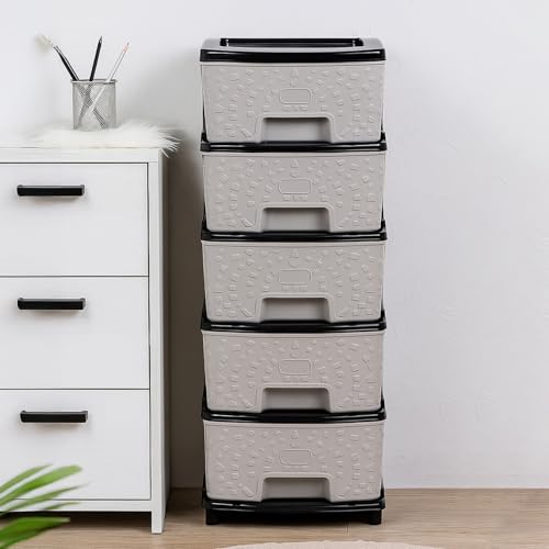 Amazon Basics Plastic 5 Tier Multipurpose Modular Drawer Storage Rack | Kitchen & Home Essentials Organizer Storage Box Cabinet | Almira Set for Stati