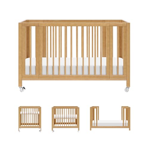 babyletto Rolli 9-in-1 Convertible Baby Crib w/Wheels - Includes Pad & Conversion Kits for Bassinet, Standard Crib, Toddler Bed, Daybed & Junior Bed - GREENGUARD Gold - 3 Adjustable Heights - Honey