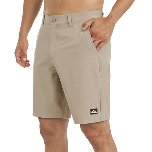 Quiksilver Men's Regular Fit Fixed Waist Water Friendly Active Hybrid Shorts, Solid Design-Taupe
