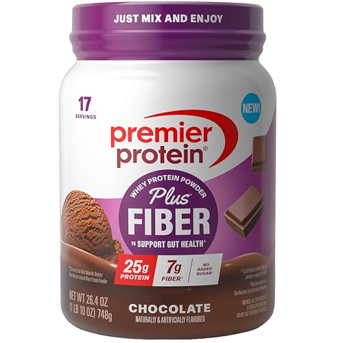Premier Protein Powder Plus Fiber, Chocolate, 25g Protein, 7g Fiber, No Added Sugar (17 Servings)