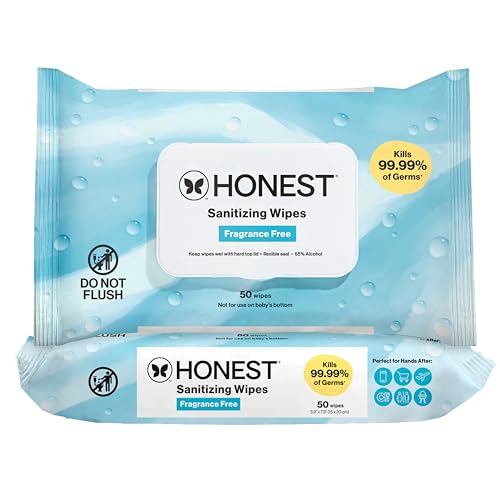 The Honest Company Fragrance Free Sanitizing Alcohol Wipes | Antibacterial + Safe for Hands | Kills 99% of Germs, Made With Aloe | 100 Count (2 Packs of 50)