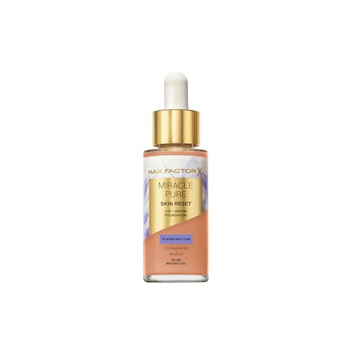 Max Factor Miracle Pure Skin Reset Serum Foundation, 70-85 Medium Cool, 2-in-1 Serum Formula, Healthy Looking Skin, Medium Coverage, Satin Matte Finish, 2% Niacinamide, Dermatologically Tested, 30ml