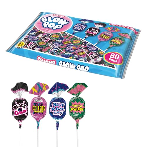 Charms Blow Pop Lollipops Limited Edition Assortment - Blue Razzbery, Black Cherry, What A Melon and Extreme Lemonade - Dual Candy and Gum Suckers - Bulk Treat for Kids and Adults, 80 Count