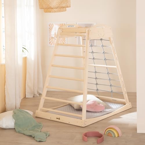 ⚡ BLITZDEAL (-46%) roba Indoor Spielturm aus Holz - Montessori Klettergerüst mit Sprossen, Kletterseil & Turnringen - Geeignet ab 24 Monaten - Mit Massivholzschaukel - Belastbar bis 70 kg - Natur/Grau