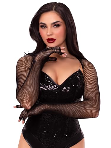 Leg Avenue Women’s Fishnet Fingerless Shrug Fishnet Gloves Fishnet Shrug with Attached Fingerless Gloves for Women, Black, One Size