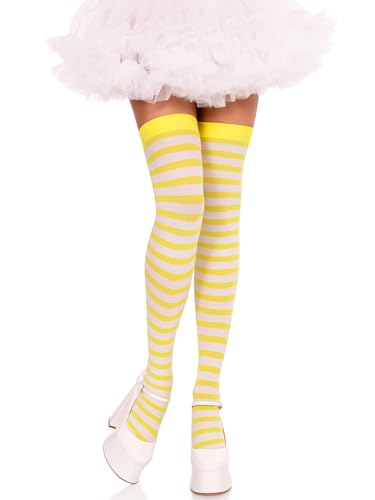 Leg Avenue Women’s Nylon Striped Thigh High Stockings for Women, White/Yellow, One Size