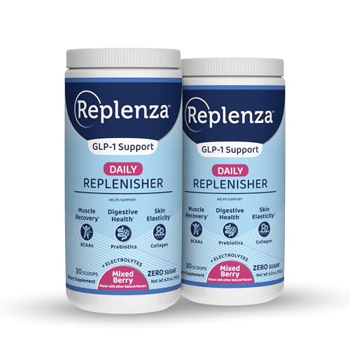 Daily Replenisher GLP-1 Nutritional Support, Powder, Muscle Recovery, Digestive Health & Skin Elasticity Mix of Amino Acids, Prebiotics and Collagen Peptides – Berry Flavor, 2 pk of 30 Scoops