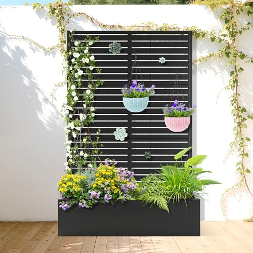TUYOHW Metal Raised Garden Bed with Trellis, 2 in 1 Trellis with Planter Box & Privacy Screen for Climbing Plants, Vine, Outdoor Standing Flower Beds with Drainage Holes, 47" L x 17" W x 71" H, Black