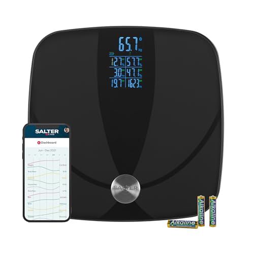 🔥 SELTEN SO GÜNSTIG (-41%) Salter Digitale Analysewaage – Smarte Waage, Multi-Anzeige, 180 kg/395lbs, 17 Körpermetriken, Körpergewicht, Fett, Wassergehalt, Muskelmasse, Knochenmasse, BMI, BMR, Schwarz