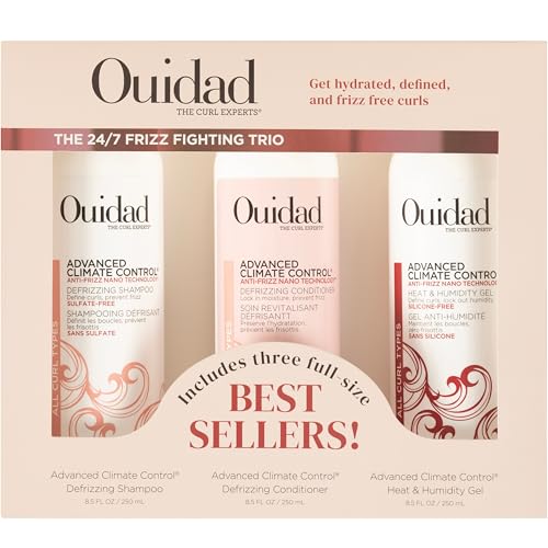 Ouidad 24/7 Frizz Fighting Trio, 8.5 fl oz Each, Advanced Climate Control Shampoo, Conditioner & Gel for Curly Hair, Anti Frizz, No Sulfate, Color-Safe Hair Care for Women & Men