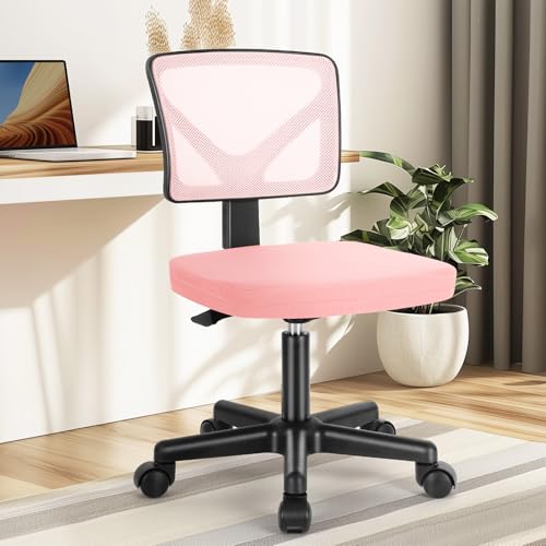 DUMOS Armless Desk Chairs with Wheels, Ergonomic Adjustable Home Office Swivel Rolling Task Chair No Arms, Comfy Mesh Mid Back Computer Work Vanity Desk Seat for Small Spaces, Light Pink