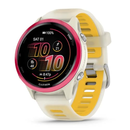 Garmin® Forerunner® 570, 42mm, Advanced GPS Running and Triathlon Smartwatch, AMOLED Display, Training and Recovery Features, Raspberry Aluminum with Translucent Bone/Mango Band