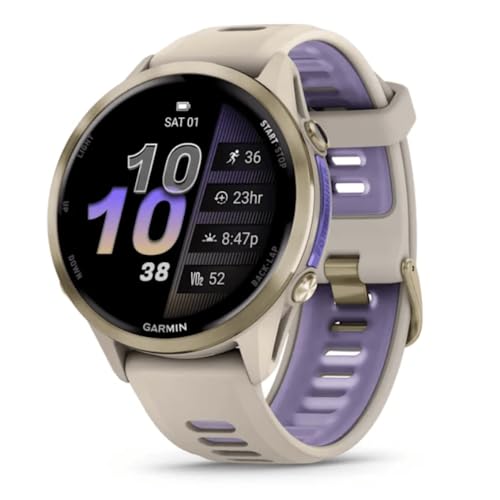 Garmin® Forerunner® 970, Premium GPS Running and Triathlon Smartwatch, AMOLED Display, Built-in LED Flashlight, Soft Gold Titanium with French Gray Case and French Gray/Translucent Indigo Band