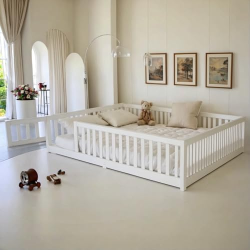 PVWIIK Full Size Floor Bed with Fence and Door,Rubber Wood Floor Bed w/Safety Guardrails/Near The Ground,Easy to Assemble & No Box Spring Needed, White