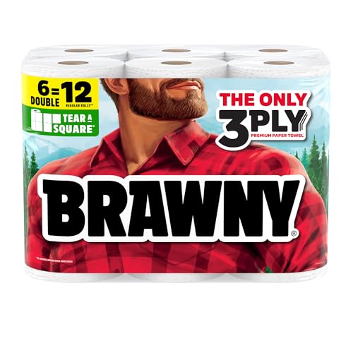 Brawny Tear-A-Square 3-Ply Paper Towels, 6 Double Rolls = 12 Regular Rolls (3 Packs of 2)