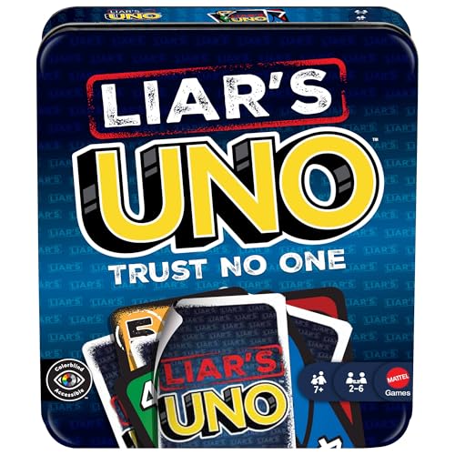 Mattel Games Liar’s UNO Card Game in Travel & Storage Tin for Adults, Kids, Families, Parties & Game Nights, Outwit Other Players with Bluffing & Trickery (Amazon Exclusive)