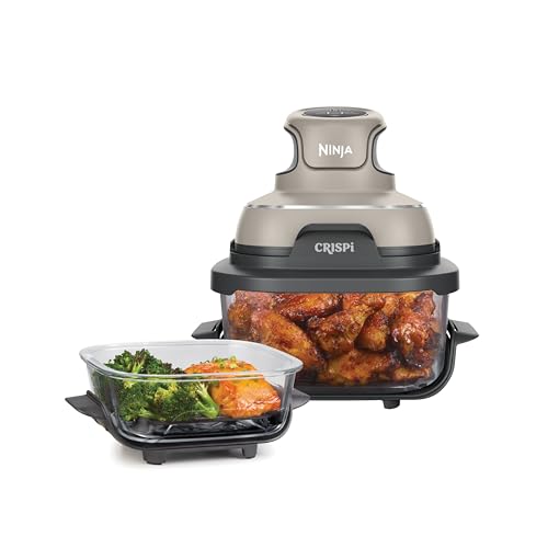 (-33%) Ninja CRISPi tragbare Air fryer Heißluftfritteuse, 3,8 l, 4-in-1: Heißluftfrittieren, Braten, Warmhalten, Recrisp, kompakt, 6 Portionen, 2x herausnehmbare Glasbehälter & Deckel, 1700W, Stein FN101EUST
