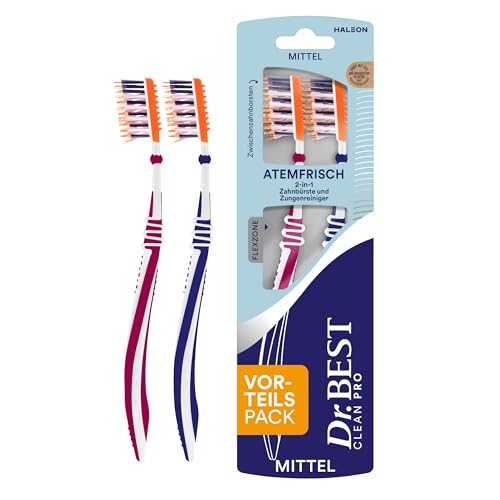 (-19%) Dr.BEST Atemfrisch Zahnbürste, Mittel, Vorteilspack, mit 2in1 - Zahnbürste und Zungenreiniger. Entfernt gründlich Bakterien von der Zungenoberfläche, für eine effektive Reinigung der Zähne.