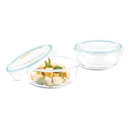 Lock N Store Round Glass Container Set| Microwave Safe| Easy Locking Clips| Airtight & Leakproof| Ideal for Office, Travelling & Outdoors (620ml + 400