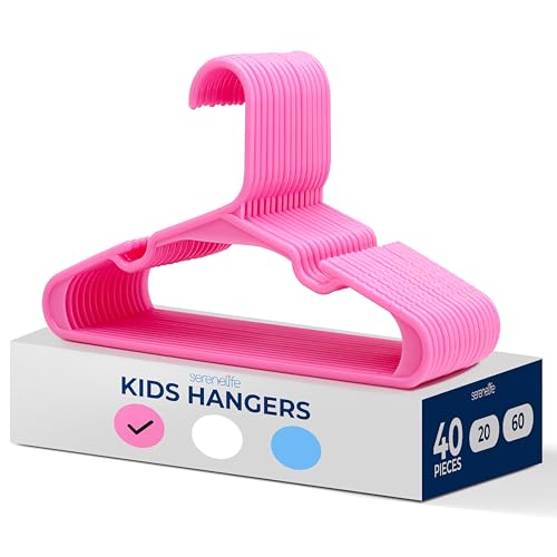 SereneLife 40 Pack Plastic Kids Hangers – Non-Slip Baby Hangers for Closet, Space-Saving Thin Design for Organizing Clothes, Infant, Toddler, and Newborn Clothing (Pink)