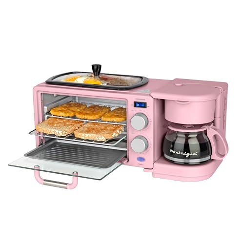 Nostalgia 3-in-1 Retro Breakfast Station - Includes 5 Cup Coffee Maker, Non-Stick Ceramic Griddle, and 4-Slice Toaster Oven - Built-In Timer, Reusable Coffee Filter, Space-Saving Design - Pink