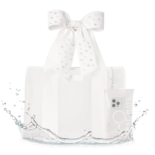 Case-Mate Ivory Pearl Bow Beach Tote - Lightweight Beach Bag with Phone Pouch for Women - Waterproof, Tip-Proof, Foldable & Washable - Tote Bag for Pool, Travel and Vacation - Large