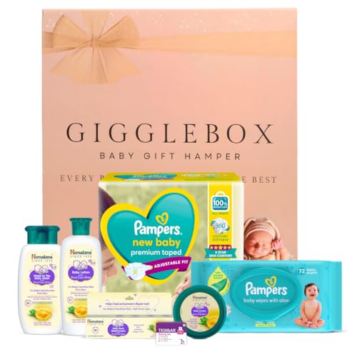 GIGGLEBOX Premium Baby Gift Hamper | Pampers Newborn Diapers & Wipes, Himalaya Baby Care With Pure Cow Ghee & Tedibar Soap | Essential Baby Care Set F