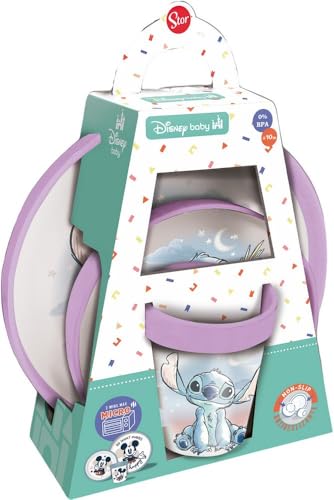 🔥 STARKER PREIS (-27%) Gift Set 3-teilig rutschfest zweifarbig Stitch Set für Kinder mit Untertasse, Löffel und Tasse rutschfeste Unterseite, lebensmittelechtes Silikon, Disney-Design ideal für Entwöhnung,