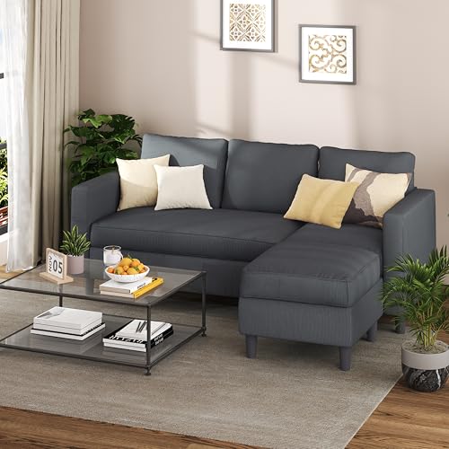 Shintenchi Small Sectional Couch Sofas, 3 Seat L Shape Sofa with Ottoman, Fabric Upholstered Convertible Sofa Couches, Small Couch for Apartments, Living Room and Office (Black)