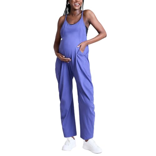 Motherhood Maternity Women's Casual Baggy Sleeveless V-neck Pregnancy Romper Jumpsuit with Loose Spaghetti Straps and Pockets, Skipper Blue, Medium