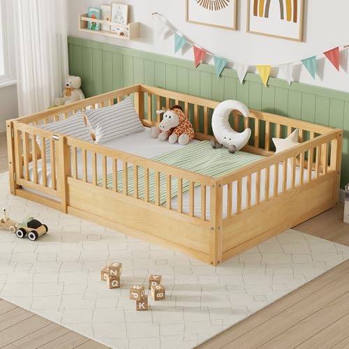 PVWIIK Full Size Floor Bed Frame with Convertible Door & Guardrails for Girls & Boys Bedroom,Montessori Bed/Near Ground Safety Design, No Box Spring Needed,Natural