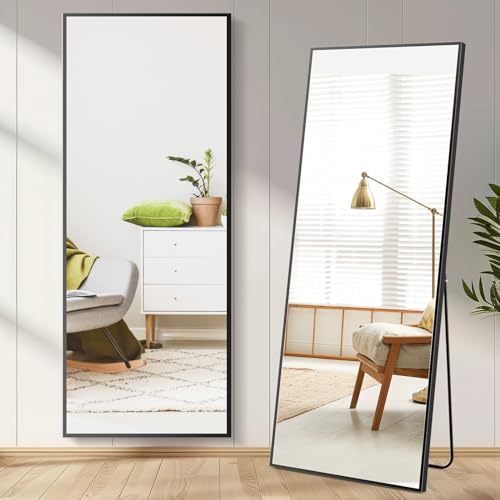 DUMOS Full Length Mirror 65"x21" Full Body Floor Mirror for Bedroom or Cloakroom, Can Stand Alone, Hang or Lean Against Wall, Tall Wall Mirror with Stand and Sleek Aluminum Alloy Thin Frame