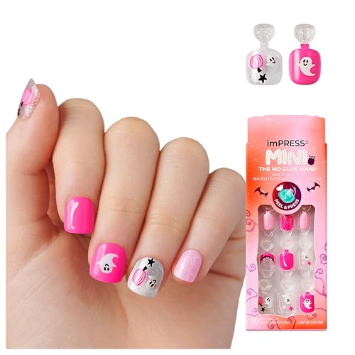 KISS imPRESS Mini Halloween Press On Nails for Kids, ‘Fear Nobody’, Silver & Pink, Squoval, Mess-Free, Glow-In-The-Dark, Non-Toxic, Breakaway Application Tabs, Nail File, 20 Child Size Fake Nails