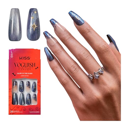 KISS Voguish Fantasy Halloween Press On Nails, ‘Evil Ways’, Dark Blue, Long Coffin, Glow In The Dark, Magnetic Powder Effect, Pink Gel Nail Glue (2g), 28 Fake Nails