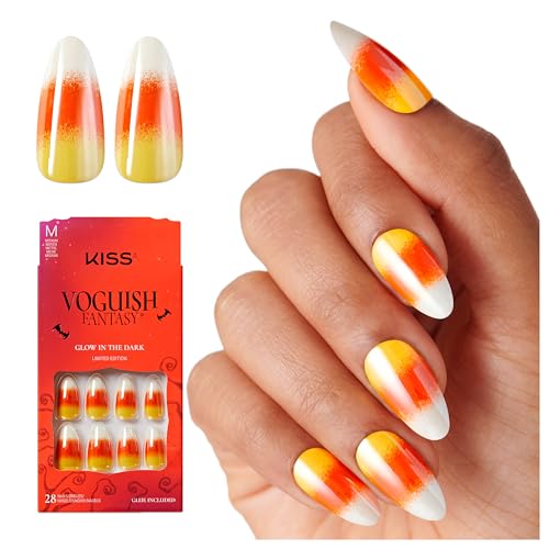 KISS Voguish Fantasy Halloween Press On Nails Almond, ‘Sweet Creature’, Orange and Yellow, Medium Length, Glow In The Da