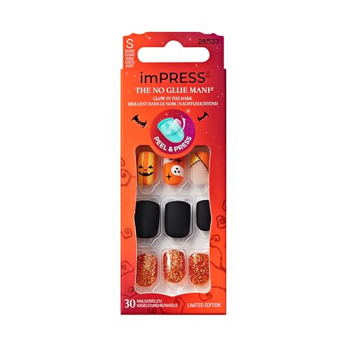 KISS imPRESS Halloween Press On Nails, ‘In Your Sleep’, Orange, Short Squoval, Matte Finish, No Glue, Glow-In-The-Dark, Includes Prep Pad, Mini Nail File, Manicure Stick & 30 Fake Nails