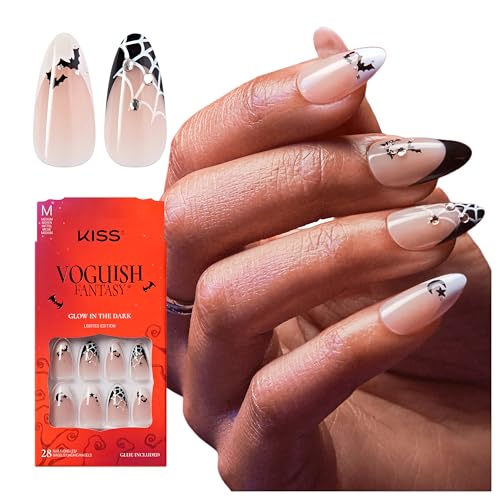 KISS Voguish Fantasy Halloween Press On Nails Almond, ‘Witch Out’, Black and White, Medium Length, Glow In The Dark, Jewel Stones, Pink Gel Nail Glue (2g), 28 Fake Nails
