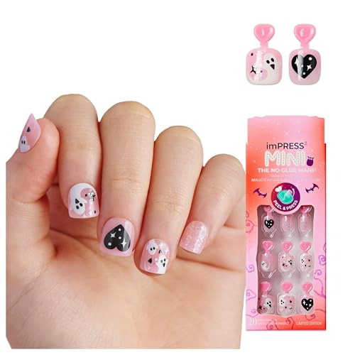 KISS imPRESS Mini Halloween Press On Nails for Kids, ‘Amazed’, Pink, Squoval, Mess-Free, Glow-In-The-Dark, Non-Toxic, Breakaway Application Tabs, Nail File, 20 Child Size Fake Nails