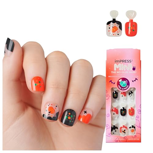 KISS imPRESS Mini Halloween Press On Nails for Kids, ‘Spooky Buddies’, Black & Orange, Squoval, Glow-In-The-Dark, Non-Toxic, Breakaway Application Tabs, Nail File, 20 Child Size Fake Nails