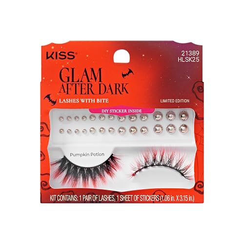 KISS Halloween Eyelashes ‘Pumpkin Potion’, 17mm, Full Volume False Lashes with Orange Highlights & Stud Gem Stickers, Reusable Strip Lashes, No Damage To Natural Lashes, Vegan & Cruelty-Free