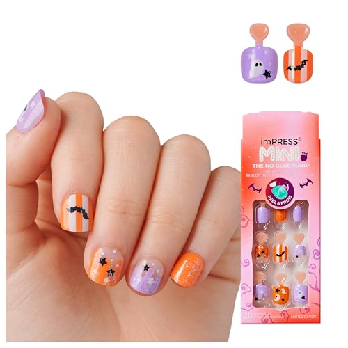 KISS imPRESS Mini Halloween Press On Nails for Kids, ‘Oh my Gourd’, Purple & Orange, Squoval, Mess-Free, Glow-In-The-Dark, Non-Toxic, Breakaway Application Tabs, Nail File, 20 Child Size Fake Nails