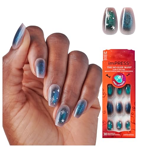 KISS imPRESS Halloween Press On Nails, ‘Superstitious’, Green, Medium Coffin, Magnetic Powder Effect, No Glue, Glow-In-The-Dark, Includes Prep Pad, Mini Nail File, Manicure Stick & 30 Fake Nails