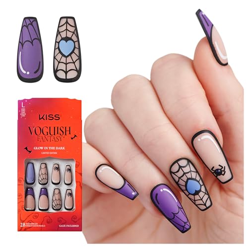 KISS Voguish Fantasy Halloween Press On Nails, ‘Moonlit Magic’, Purple, Long Coffin, Glow In The Dark Effect, Matte Finish, Pink Gel Nail Glue (2g), 28 Fake Nails